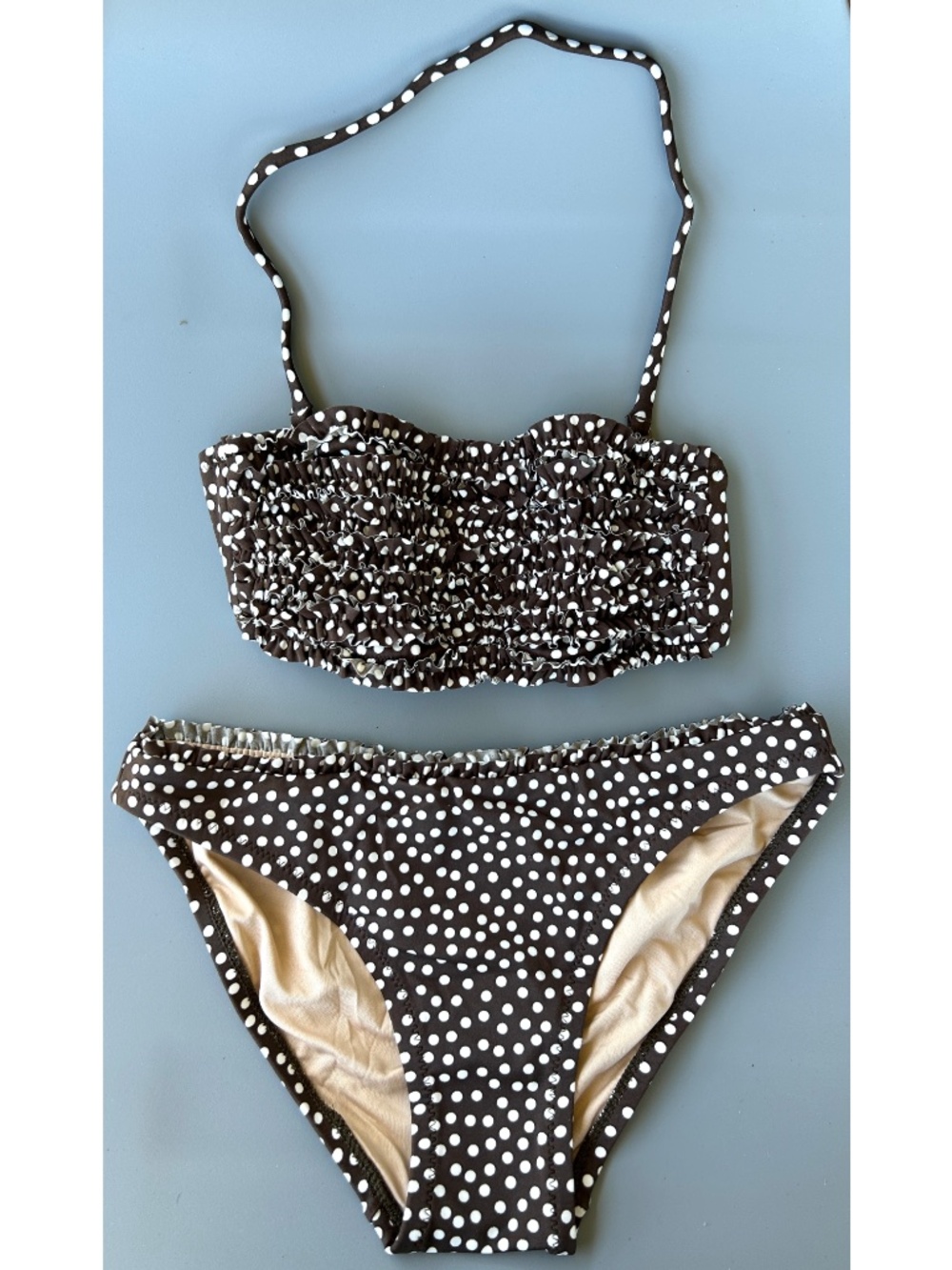 J.Crew NWOT Bikini Set Confetti-dot Ruffle Bandeau Top & Ruffle Hipster XS Cocoa